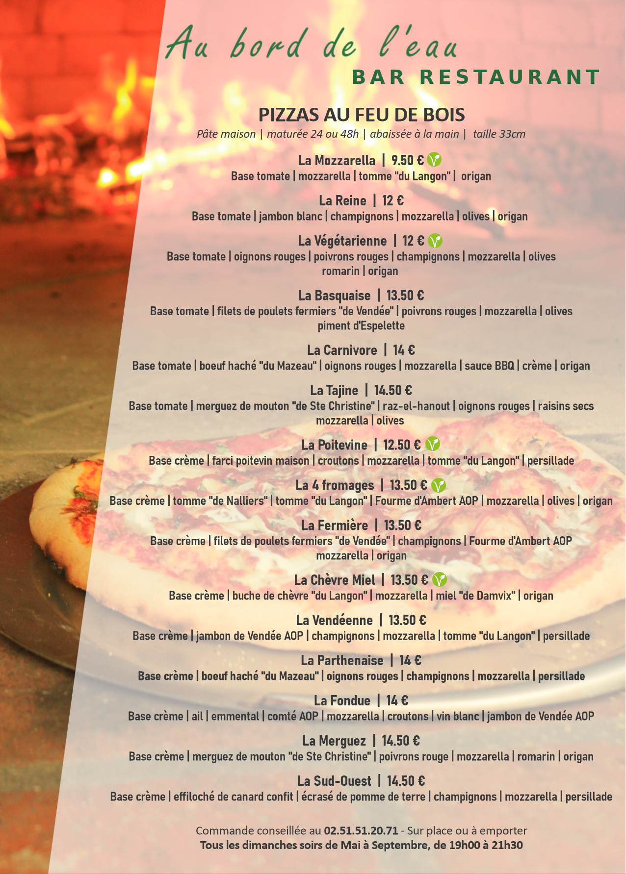 Carte des pizzas du restaurant au Bord de l'Eau